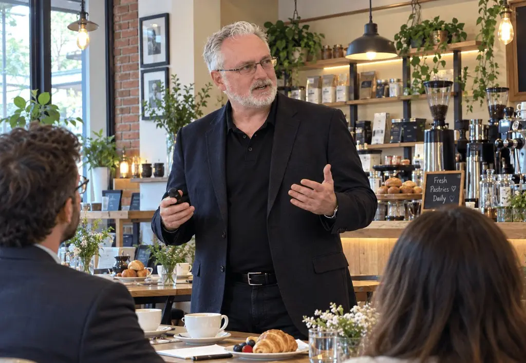 Daniel Grosleau donnant une conférence dans un café professionnel